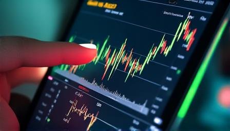 Technical charts and candlesticks on a digital screen