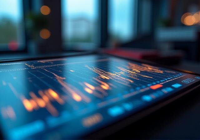 Financial chart showing high volatility with abstract blue and gold highlights