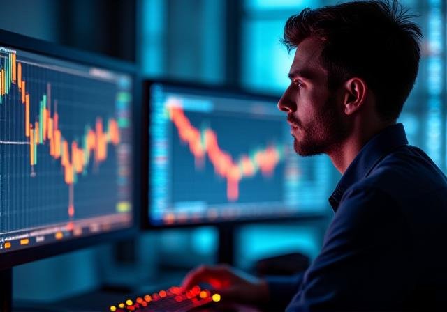 Analyst viewing high-tech candlestick charts on professional monitors