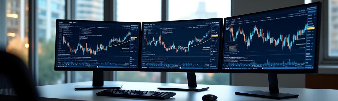 Professional multi-monitor trading station with technical analysis software